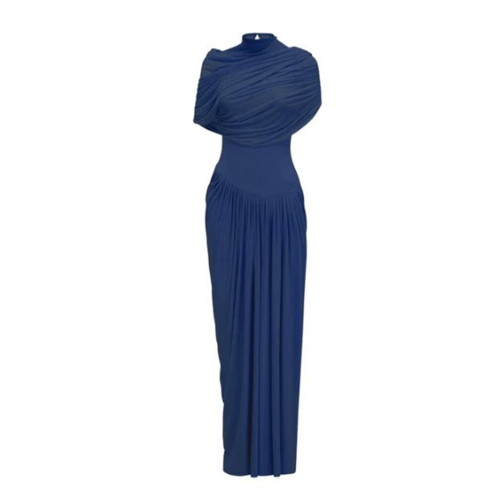 NWT Miss Rosier Womens Navy Blue Catherine Asymmetrical Pleated Maxi Dress Large - Picture 2 of 9
